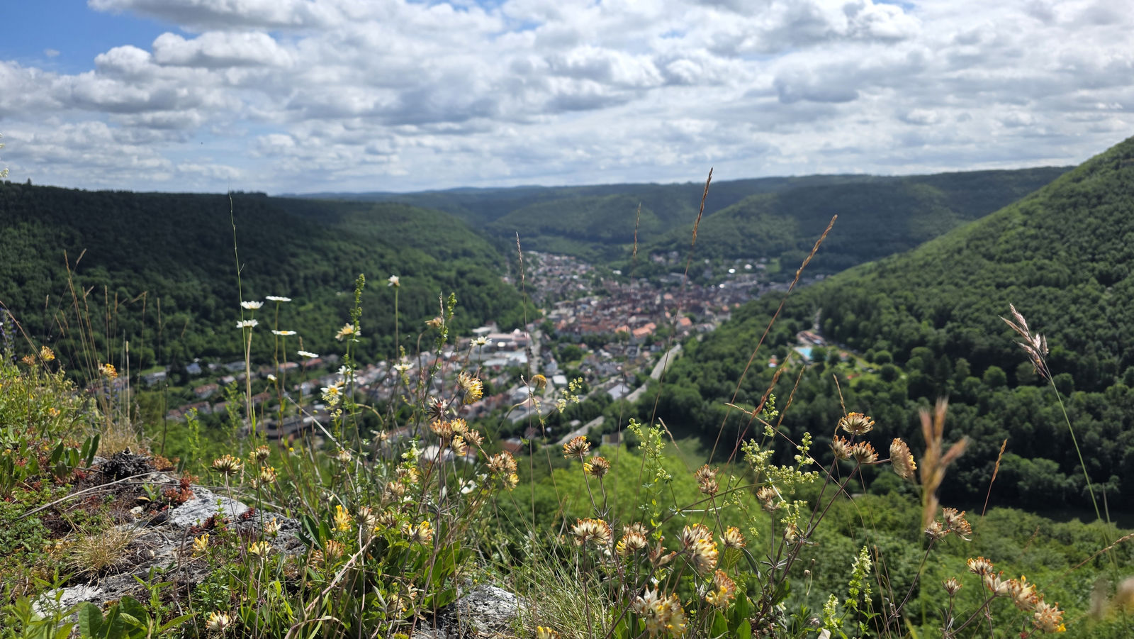 Blick von der Burgruine Schlossberg auf Bad Urach und die Schwäbische Alb